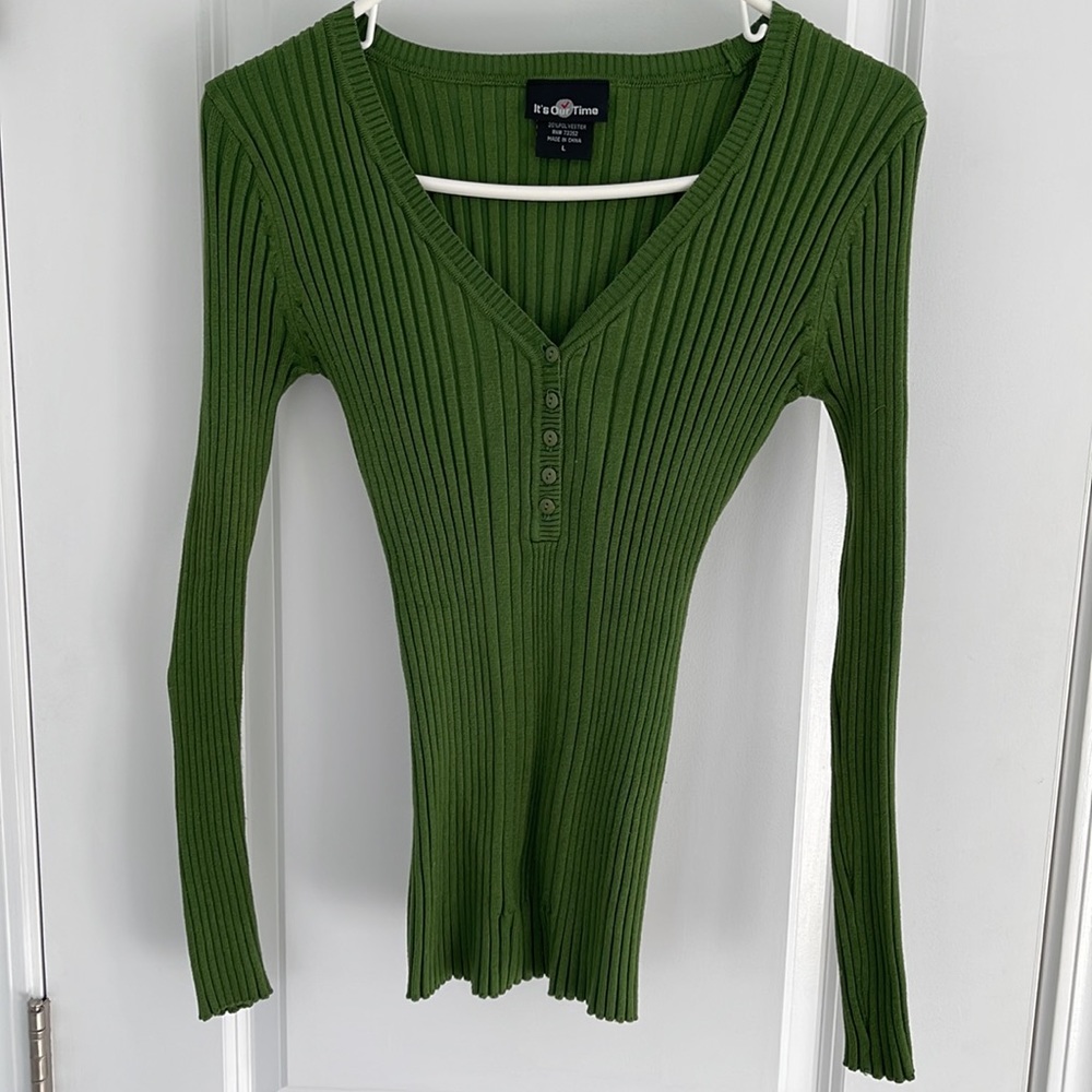 Olive Green Front Button Cable Knit V-Neck Sweater